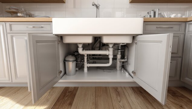 Kitchen sink cabinet with plumbing open doors