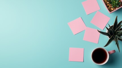 Minimalist workspace with pink sticky notes, coffee, succulents, and a blue background.