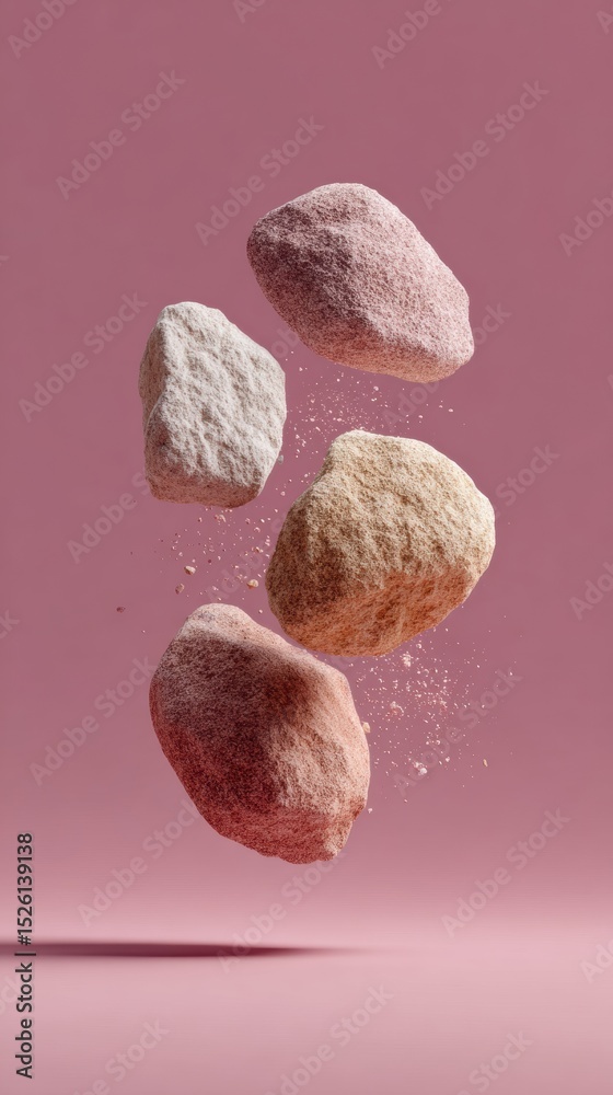 Aufkleber abstract floating asteroids with dust particles in minimalist pink background for digital marketing 
