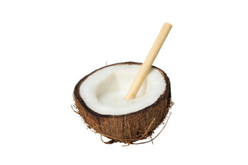 PNG, coconut milk in half a coconut, isolated on white background.