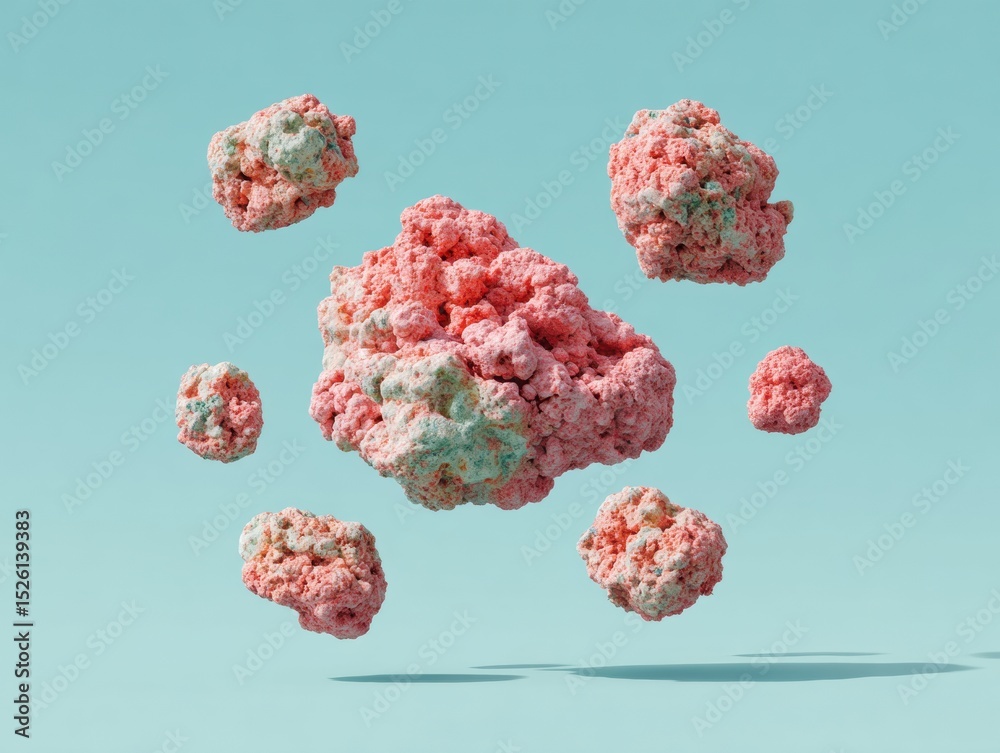 Aufkleber vibrant floating asteroid debris cluster with detailed textures on blue background, symbolizing cosm