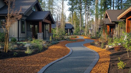 Obraz premium Beautiful modern houses are aligned along a winding gravel path. Use it for showing real estate, neighborhood developments, or travel.