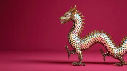 Fototapeta premium Ornate, iridescent dragon figurine on a crimson background.