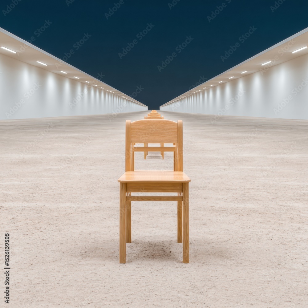 Aufkleber minimalist exam hall in large venue with wooden desks and chairs aligned for academic testing prepar