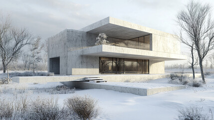 Modern concrete house in snowy landscape, showcasing minimalist architecture and serene beauty