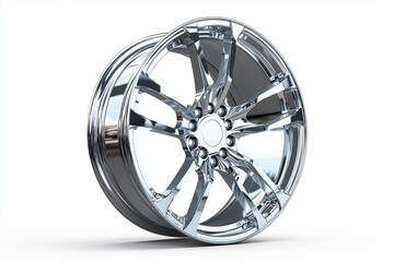 Steel and alloy car wheel rim with a shiny chrome finish, isolated on white for automotive design