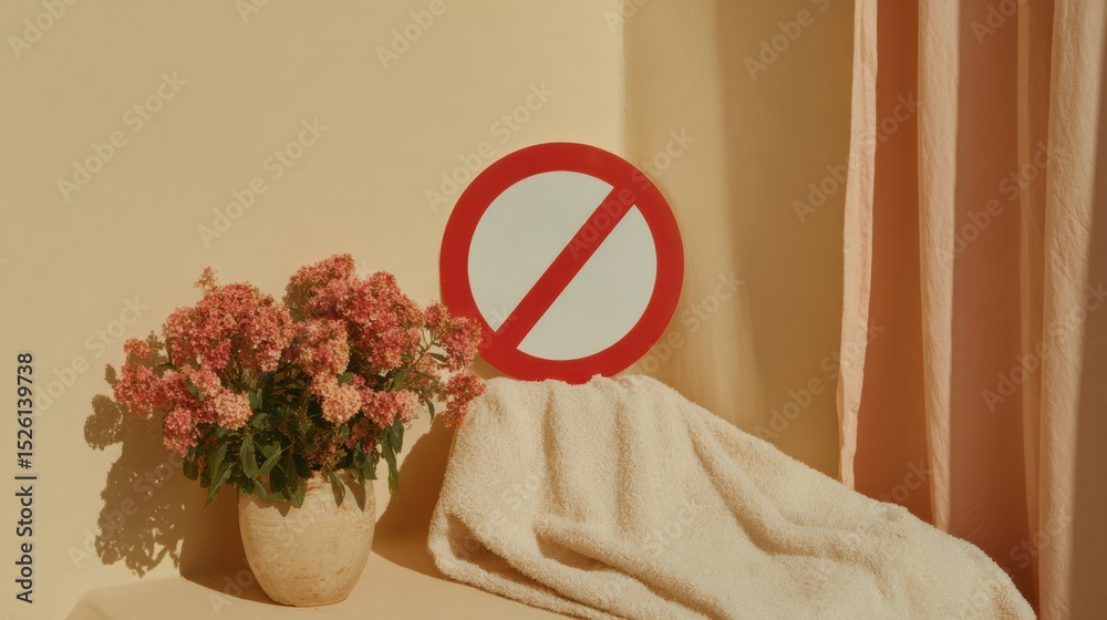 Poster minimalist entry restriction sign with bold diagonal slash on neutral background for clear communica