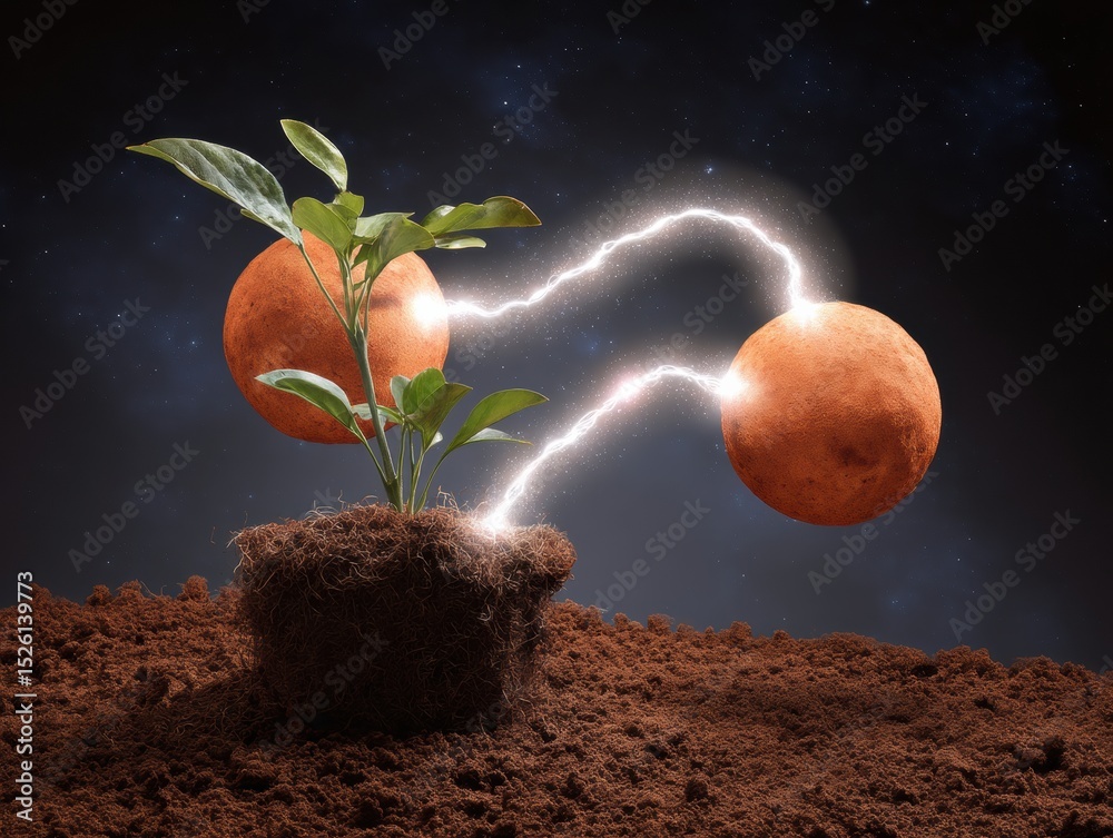 Poster quantum entanglement concept with glowing energy nodes connecting plants in soil, futuristic physics