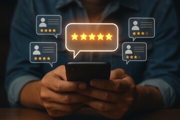 Check online reviews and ratings on smartphone for business reputation and customer satisfaction score