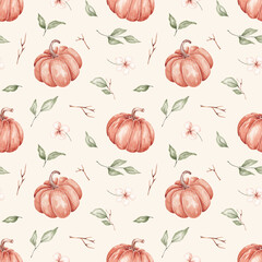 Pumpkin seamless pattern hand drawn by watercolor. Thanksgiving background. Halloween traditional symbols and fall objects. Pumpkins, autumn leaves and flowers