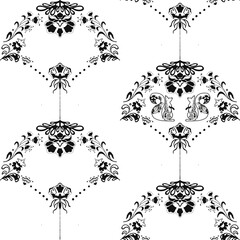 Black and white seamless pattern featuring two intricately decorated squirrels framed by ornate floral elements, offering a refined and classic design for elegant applications.