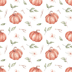 Pumpkin seamless pattern hand drawn by watercolor. Thanksgiving background. Halloween traditional symbols and fall objects. Pumpkins, autumn leaves and flowers