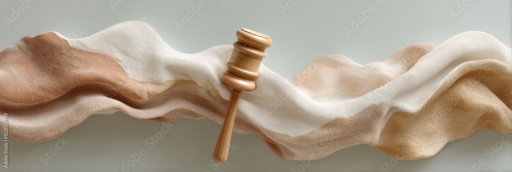 Poster Contemporary Judicial Gavel in Hand with Abstract Fabric Backdrop Representing Due Process and Authoritative Decision-Making for Legal and Business Use