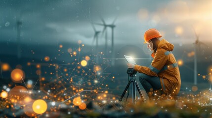 Innovative energy solutions engineer analyzing data amidst wind turbines outdoor environment professional perspective
