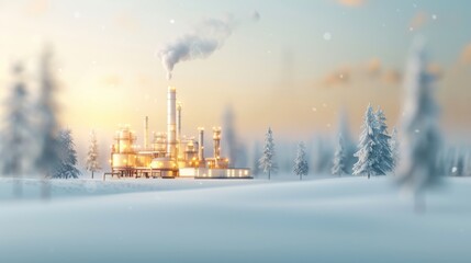 Industrial oil refinery amidst winter wonderland scenic landscape digital art brightness aesthetic appeal