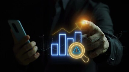 Data Analytics concept, infographic dashboard showing KPIs, performance metrics, and business insights from large data sets. Businessman shows animated risk analysis icon on virtual screen. - Powered by Adobe