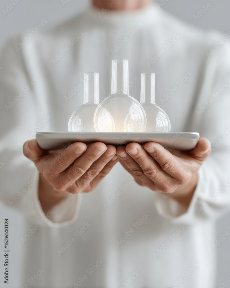 Aufkleber modern innovation concept with scientist holding tablet displaying transparent chemical flasks in mi