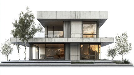 Modern concrete house with large windows and surrounding greenery, showcasing contemporary