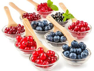 Photo of colorful berries in glass bowls and wooden spoons, promoting healthy eating and wellness