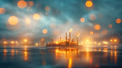 Industrial oil rig during rainstorm offshore location night scene dramatic atmosphere wide angle view energy production