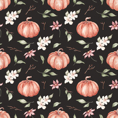 Pumpkin seamless pattern hand drawn by watercolor. Thanksgiving background. Halloween traditional symbols and fall objects. Pumpkins, autumn leaves and flowers