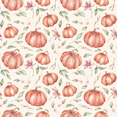 Pumpkin seamless pattern hand drawn by watercolor. Thanksgiving background. Halloween traditional symbols and fall objects. Pumpkins, autumn leaves and flowers