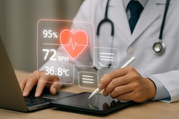 Doctor using digital tablet for patient health monitoring and medical data analysis online consultation