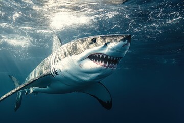 Fototapeta premium Great white shark emerges from the depths of the ocean creating a thrilling moment in the underwater ecosystem during daylight hours
