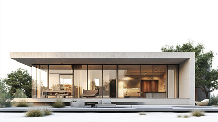 Fototapeta premium Modern concrete house with large windows and minimalist design, surrounded by greenery