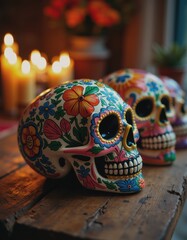 Colorful sugar skulls decorated for Día de Muertos celebration
