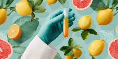 Medical Professional Holding Blood Sample Vial in Gloved Hand with Citrus Fruit Background for Community Health and Citizen Science Research