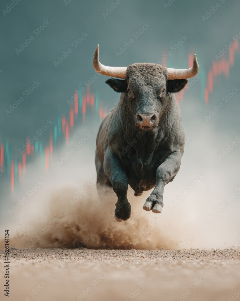 Poster muscular bull charging forward with rising market graph and digital analytics overlay - powerful fin