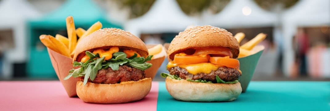 Trendy Street Food Scene with Two Gourmet Burgers and Fries at Outdoor Event Highlighting Casual Dining and Food Truck Culture - Powered by Adobe