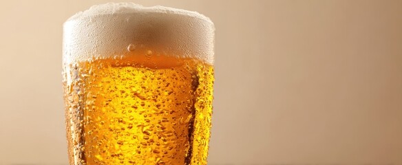 The refreshing glass of cold beer with frothy bubbles and golden hue.