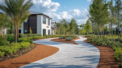 Obraz premium Curving stone pathway lined by mulch, landscaping, and modern homes on a sunny day. Use this for real estate, community planning, or landscape design concepts.