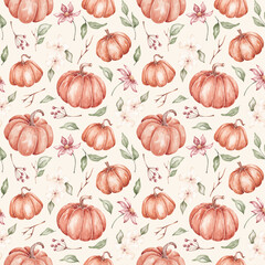 Pumpkin seamless pattern hand drawn by watercolor. Thanksgiving background. Halloween traditional symbols and fall objects. Pumpkins, autumn leaves and flowers