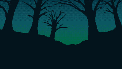 Vector pixel art landscape with leafless tree silhouettes against a dark gradient sky. Atmospheric forest scene with moody and mysterious tone.