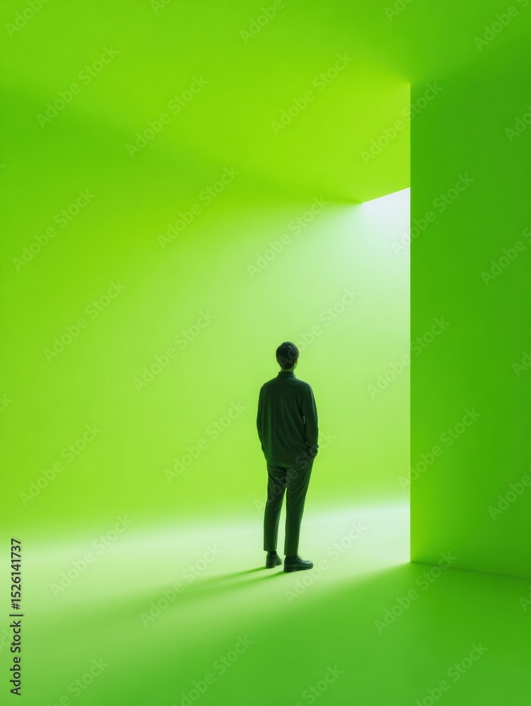 Poster minimalist silhouette of person in modern immersive green light installation symbolizing innovation 