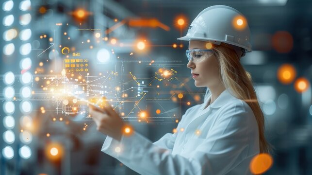 Innovative engineer analyzing data in high-tech laboratory science sector digital environment side view future trends