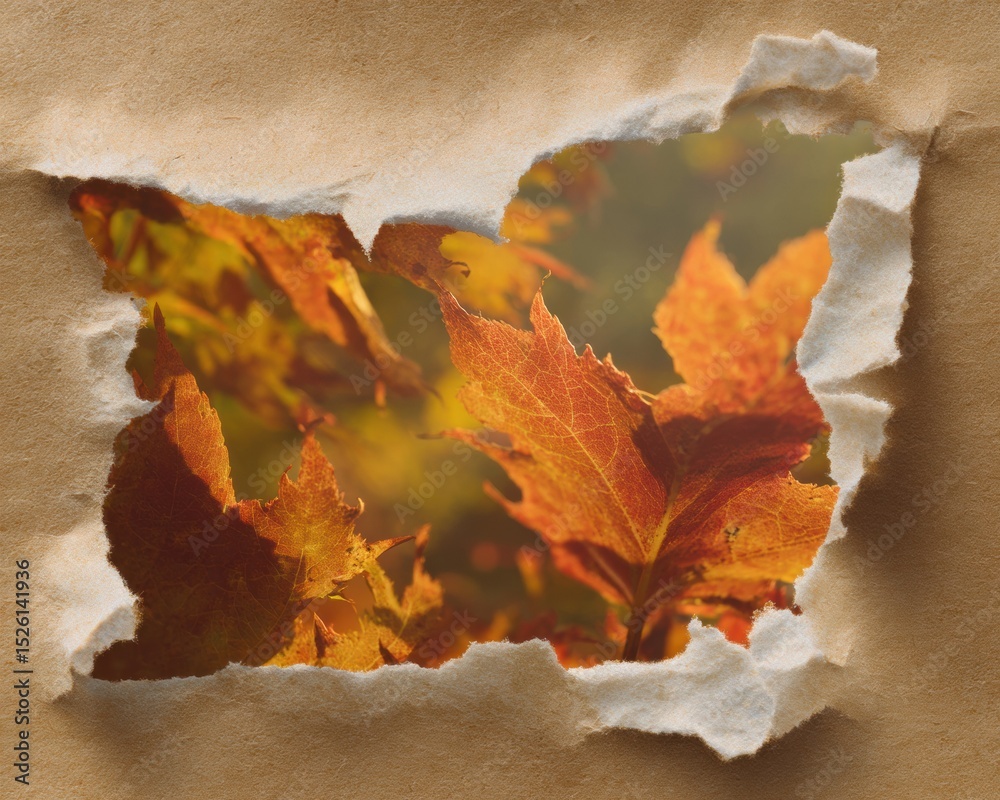 Poster torn paper frame with vintage fiber texture revealing autumn maple leaves in warm light for rustic s