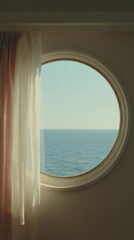 Fototapeta premium Nautical Porthole Window with Calm Ocean View and Soft Sheer Curtain Showing Serenity and Freedom for Modern Cruise Marketing and Wellness Travel Trends