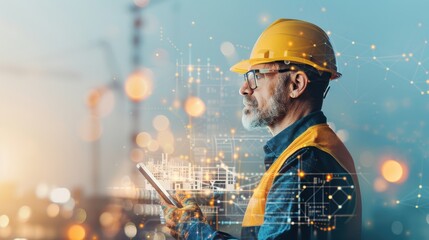 Construction worker using digital tools on site urban environment professional photography innovation side view technology integration