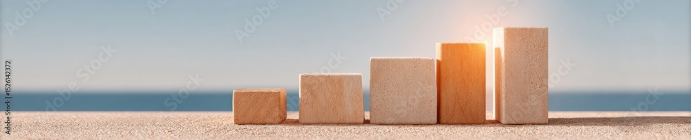 Poster Structured wooden blocks stacked in ascending formation on neutral surface, symbolizing strategic business growth and methodical progress with warm natural light