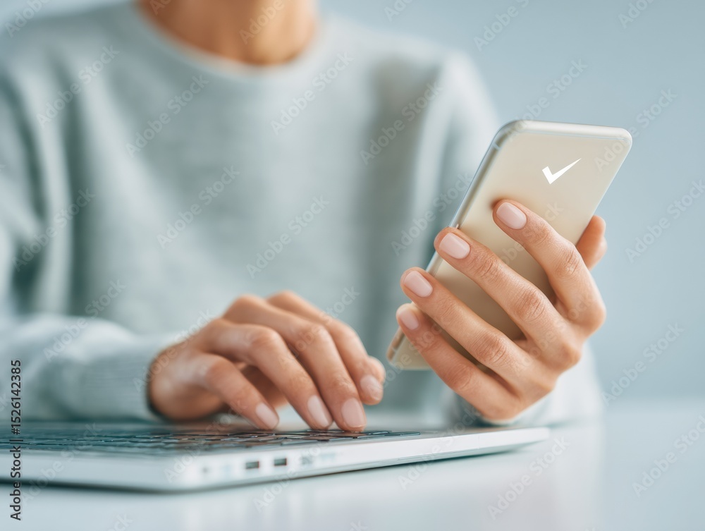 Poster Modern Two Factor Authentication with Woman Using Smartphone and Laptop for Secure Digital Identity Verification in Home Office