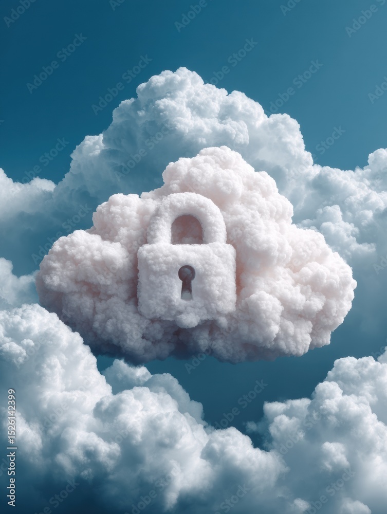 Aufkleber Cloud computing security concept with digital lock in fluffy cloud formation against blue sky emphasizing data protection and cyber resilience for modern tech