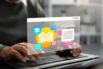 Person engages in E-learning using laptop with educational icons, representing digital education,virtual classroom,Modern distance learning powered by online platforms and interactive technology tools