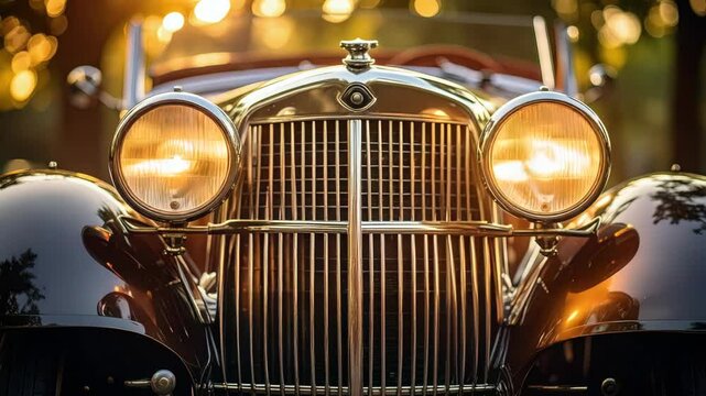 Classic car exhibiting chrome grille and illuminated headlights at sunset.