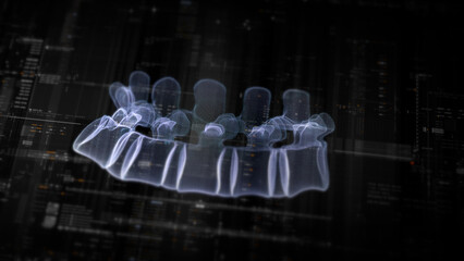 Futuristic biomedical concept with advanced holographic scanning and HUD diagnosing spinal disc herniation using 3D holograms of a patient’s backbone, AR, and real-time medical imaging