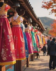 Naklejka premium Colorful Korean hanbok dresses displayed for Chuseok celebration