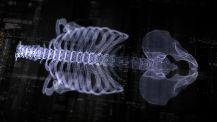 Futuristic biomedical concept with advanced holographic scanning and HUD diagnosing spinal disc herniation using 3D holograms of a patient’s backbone, AR, and real-time medical imaging